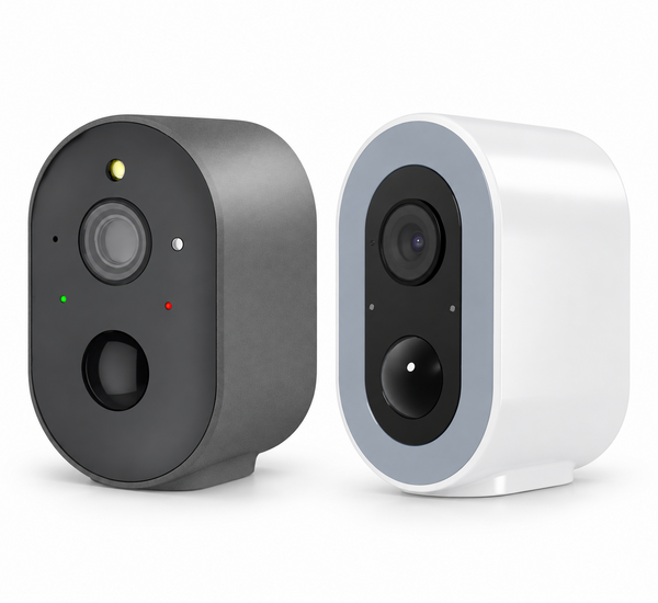 Two battery cameras in dark gray and white